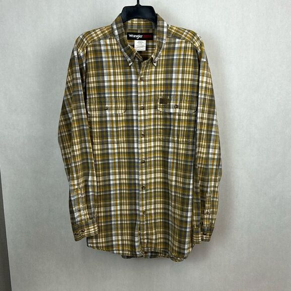 Wrangler Riggs Workwear Button Down Shirt Long Sleeve Sz XXL Yellow Gray Plaid - Picture 1 of 6